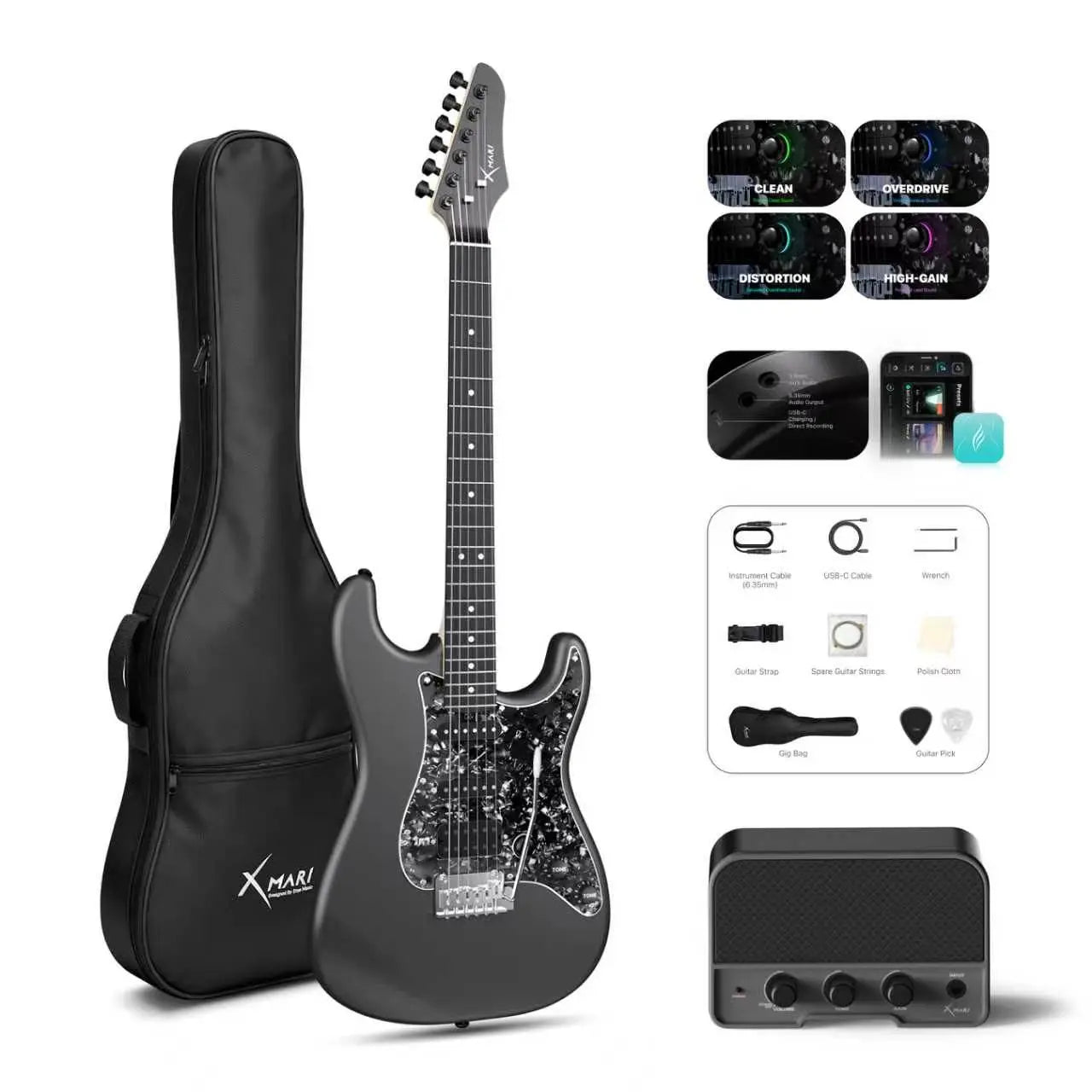 【Zero-Gear Rocker】Xmari Smart Electric Guitar with Built-In DSP Effects, 4 Presets, USB-C OTG Recording, Headphone Output, Alnico Pickups W/Coil Split, Carbon Fiber Body, Gig Bag, Strap, Cable & Picks 24-Hour Shipping 2-Year Warrant Dealsforyoudays