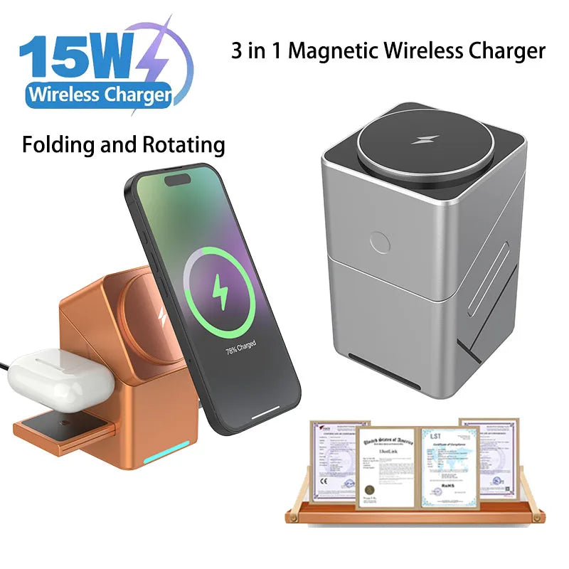 2025 Portable Qi2 Wireless Fast Charging Stand - Magnetic Foldable 3-in-1 Cube Charger Dock for Desktop Use
