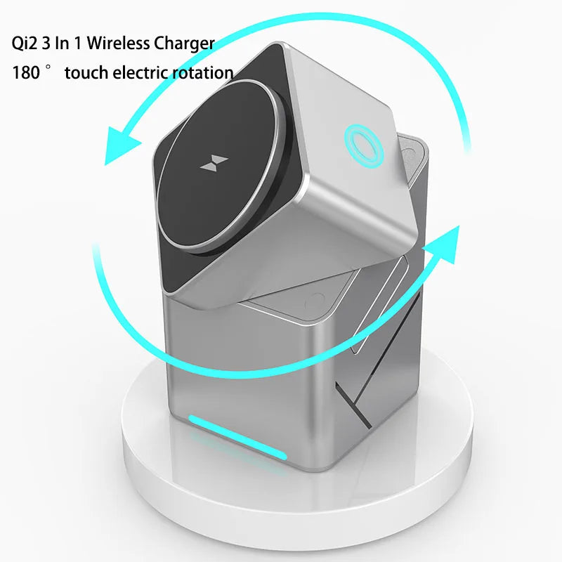 2025 Portable Qi2 Wireless Fast Charging Stand - Magnetic Foldable 3-in-1 Cube Charger Dock for Desktop Use
