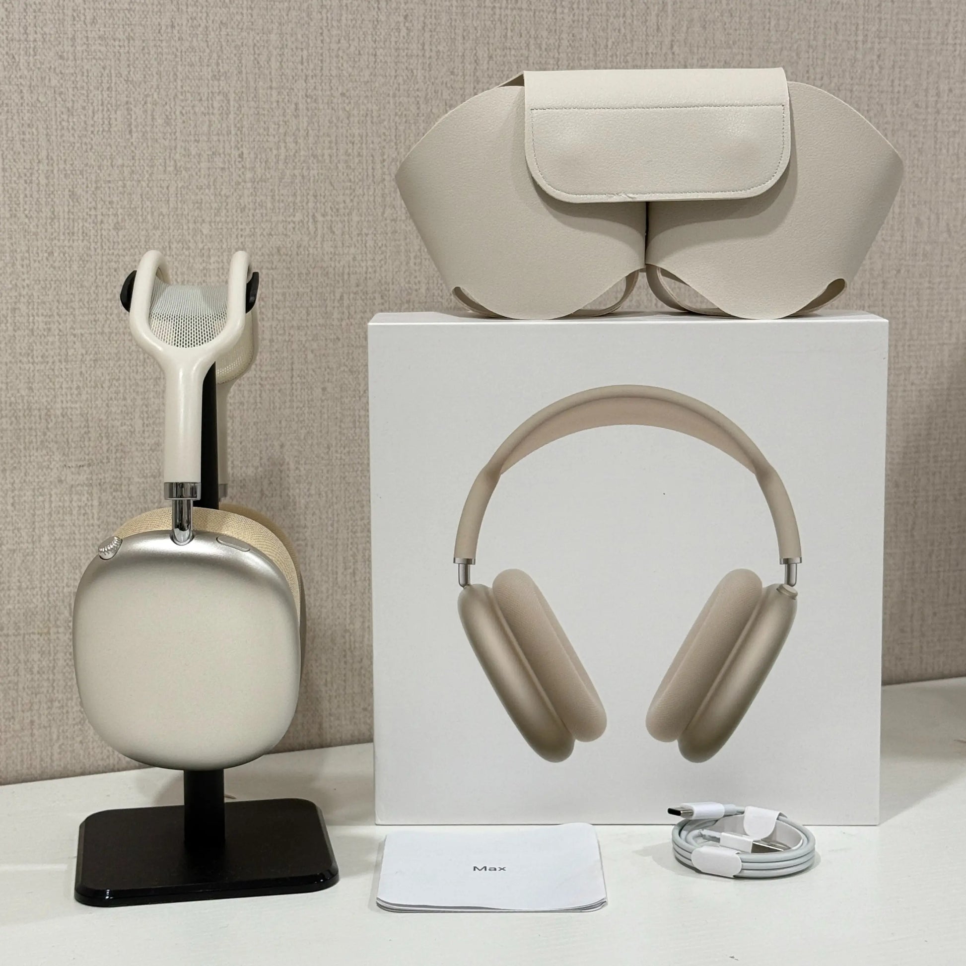 Premium MAXPRO5 MAX Over-Ear Bluetooth Headphones Magnetic Detachable Ear Cups Luxury Silky Comfort Fit Hi-Fi Clear Audio Noise Isolation Complete Kit Protective Leather Case Type-C Charging Wire Trendy Fashion Headset for Daily Outfit Travel Vlog