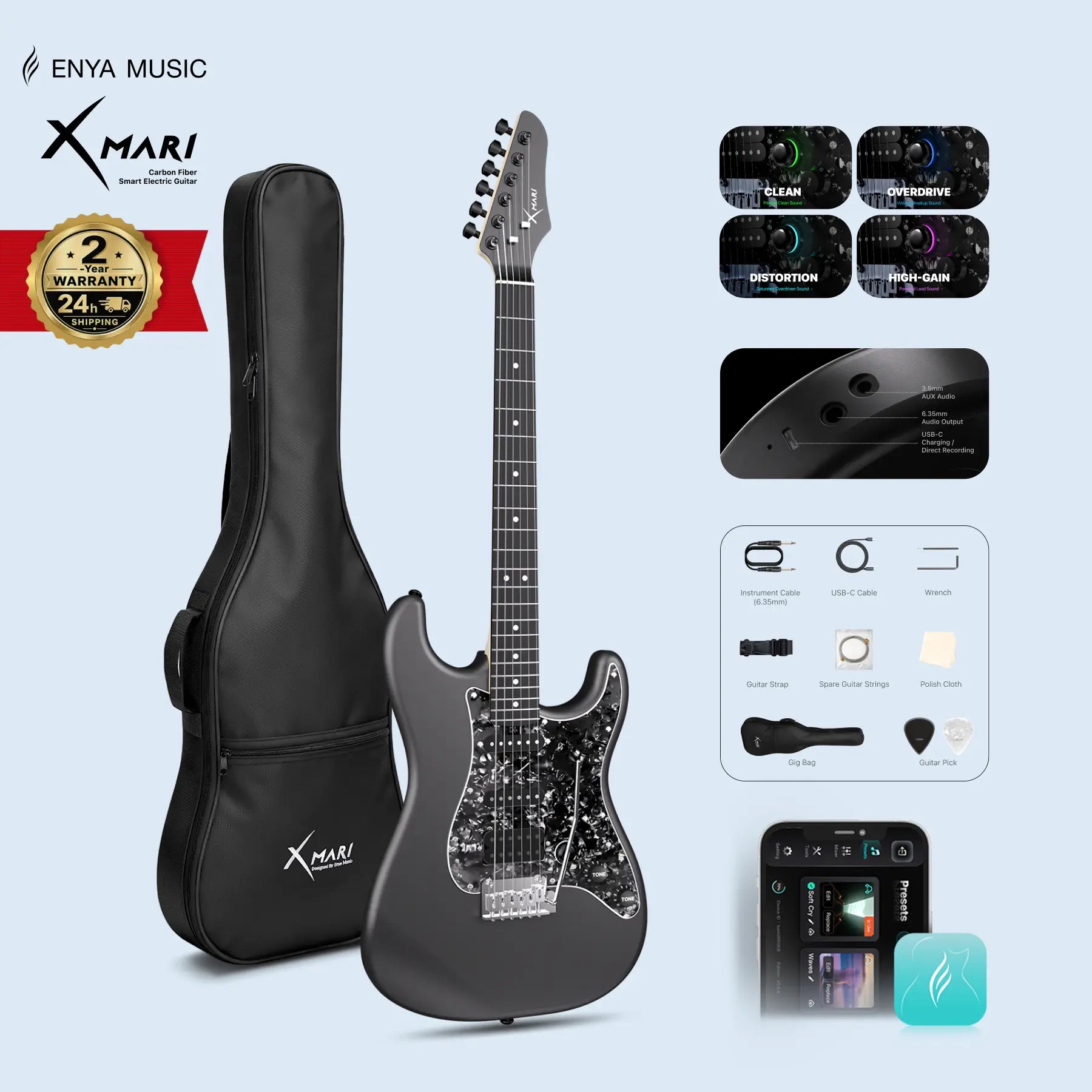 【Zero-Gear Rocker】Xmari Smart Electric Guitar with Built-In DSP Effects, 4 Presets, USB-C OTG Recording, Headphone Output, Alnico Pickups W/Coil Split, Carbon Fiber Body, Gig Bag, Strap, Cable & Picks 24-Hour Shipping 2-Year Warrant Dealsforyoudays