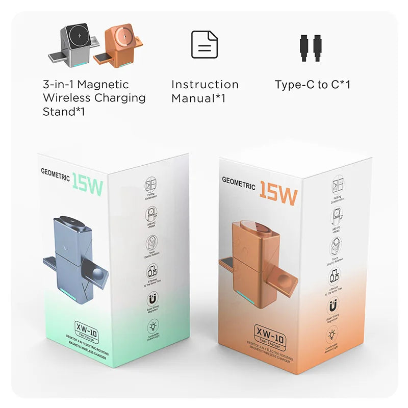 2025 Portable Qi2 Wireless Fast Charging Stand - Magnetic Foldable 3-in-1 Cube Charger Dock for Desktop Use
